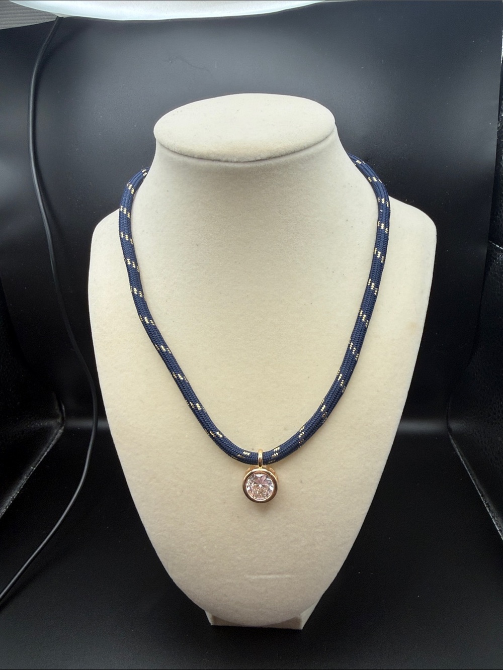 Boho Navy and gold Rope Necklace with Gold cz round Pendant and extender